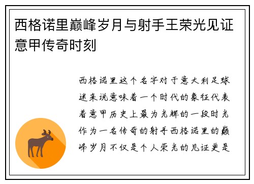 西格诺里巅峰岁月与射手王荣光见证意甲传奇时刻