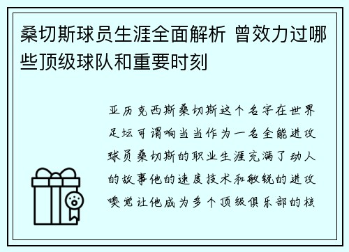 桑切斯球员生涯全面解析 曾效力过哪些顶级球队和重要时刻
